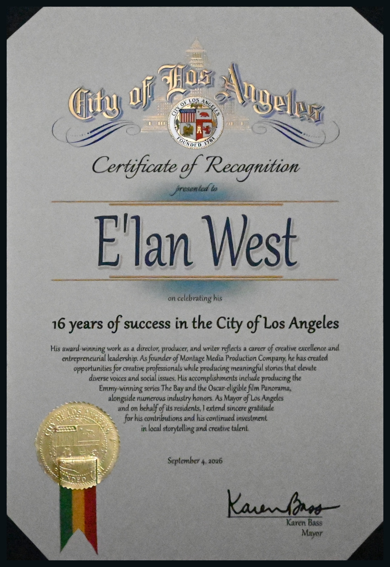 E'Ian West — City of Los Angeles · Office of the Mayor · Certificate of Recognition