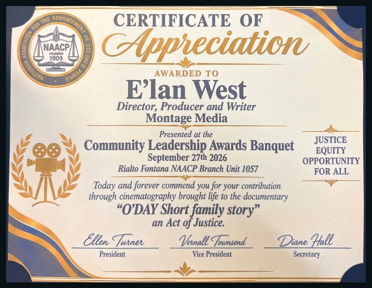 E'Ian West — NAACP · Rialto Fontana Branch Unit 1057 · Certificate of Appreciation
