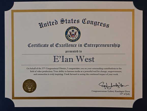 E'Ian West — United States Congress · Certificate of Excellence in Entrepreneurship