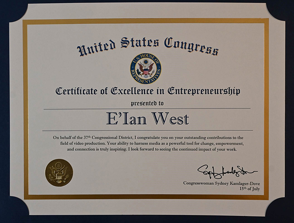 E'Ian West — United States Congress · Certificate of Excellence in Entrepreneurship