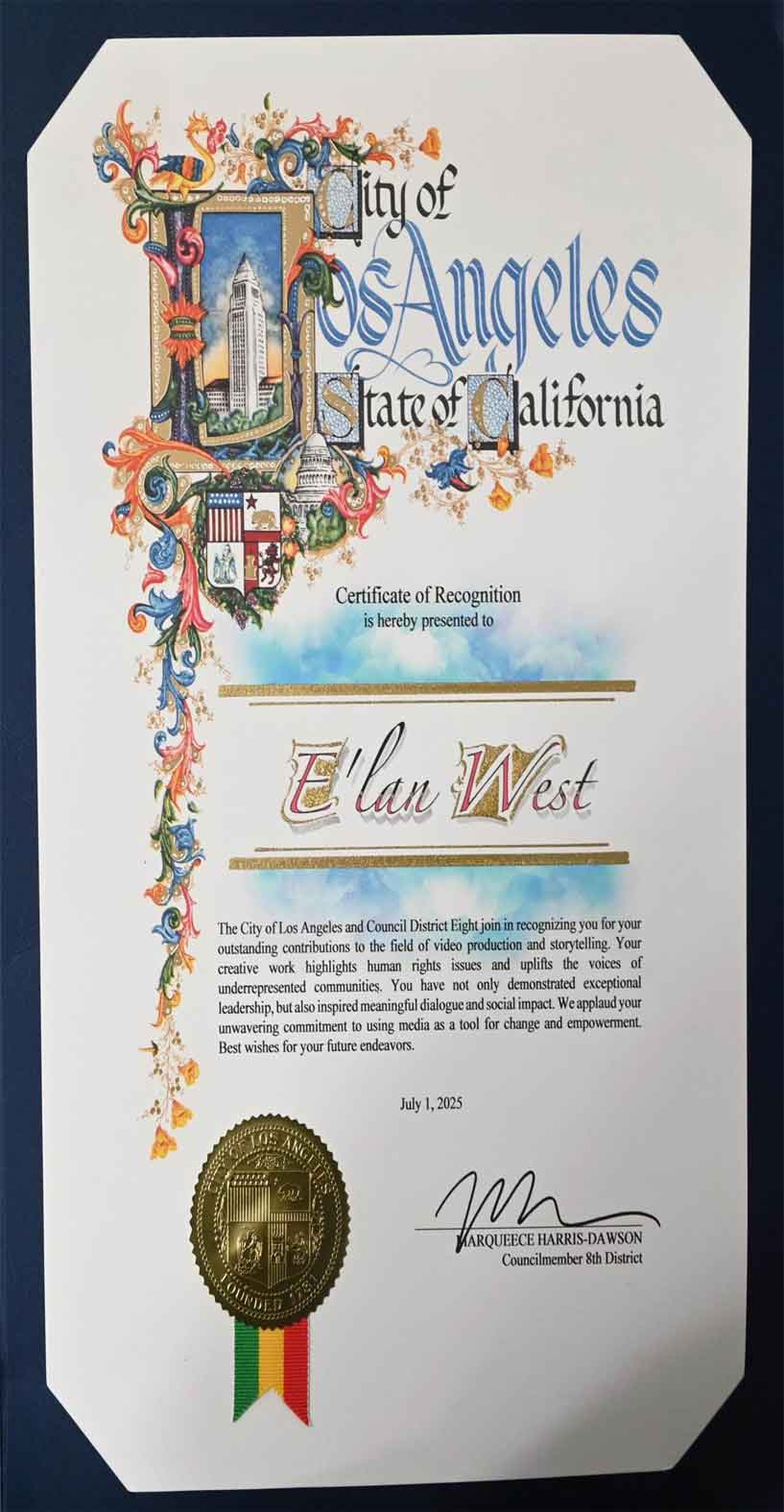 E'Ian West — City of Los Angeles · State of California · Certificate of Recognition